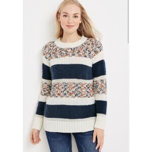 NWT Maurices Med Blue Stripe Popo Crew Neck Knit Sweater Variegated with texture